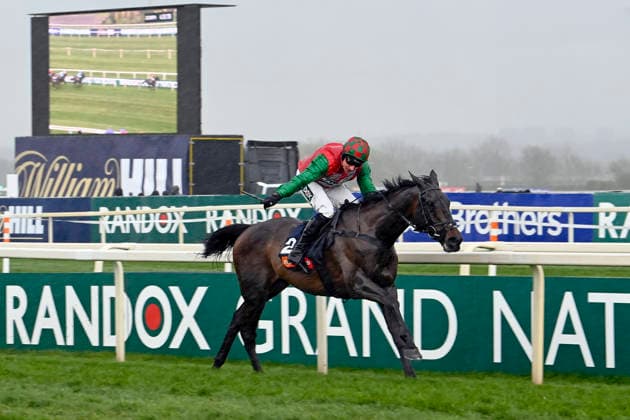 11.04.2026, Aintree, Liverpool, GBR - Bossman Jack with Harry Skelton up wins the Mersey Novices Hurdle. Aintree racecourse. (Pferd, Jockey, Bossman Jack, Skelton, Sieg, Ziel, Zielankunft) 260411C920AINTREE.JPG *** 11 04 2026, Aintree, Liverpool, GBR Bossman Jack with Harry Skelton up wins the Mersey Novices Hurdle Aintree racecourse horse, jockey, Bossman Jack, Skelton, win, finish, finish 260411C920AINTREE JPG
