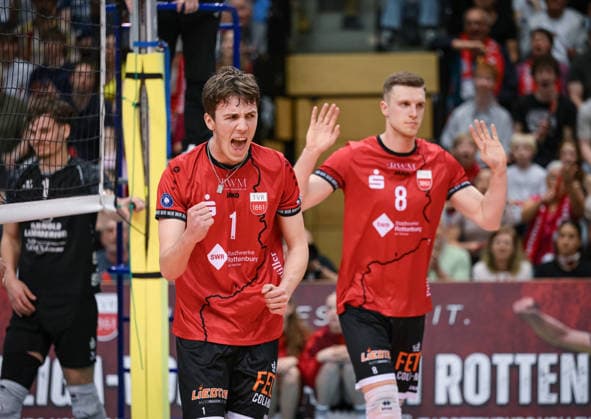 Volleyball 2. Bundesliga Saison 2025 2026 Playoff Halbfinal Hinspiel 11.04.2026 TV Rottenburg - FC Schuettorf 09 JUBEL TV Rottenburg; Dominik Marjanovic (li) und Niklas Lichtenauer (re) *** Volleyball 2 Bundesliga season 2025 2026 Playoff semi-final first leg 11 04 2026 TV Rottenburg FC Schuettorf 09 JUBEL TV Rottenburg Dominik Marjanovic left and Niklas Lichtenauer right