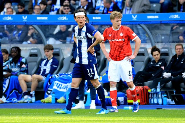 DEU, DFL, 2. FBL, Hertha BSC vs. 1.FC Kaiserslautern, 11.04.2026, Berliner Olympiastadion, Berlin, DEU, DFL, 2. FBL, Hertha BSC vs. 1.FC Kaiserslautern, im Bild Fabian Reese (Hertha BSC Berlin 11), k22 DFL - regulations prohibit any use of Photographs as image sequences and or quasi-video
