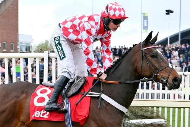 11.04.2026, Aintree, Liverpool, GBR - Jingko Blue with James Bowen. Aintree racecourse. (Pferd, Jockey, Jingko Blue, Bowen, Aufgalopp) 260411C927AINTREE.JPG *** 11 04 2026, Aintree, Liverpool, GBR Jingko Blue with James Bowen Aintree racecourse horse, Jockey, Jingko Blue, Bowen, gallop 260411C927AINTREE JPG
