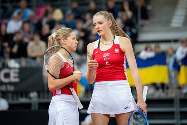 Poland v Ukraine - 2026 Billie Jean King Cup By Gainbridge Qualifiers: Day 2 Maja Chwalinska and Martyna Kubka of Poland compete in the Billie Jean King Cup Qualifiers, women s doubles tennis match against Ukraine at the PreZero Arena in Gliwice, Poland, on April 11, 2026. Gliwice Poland  Copyright: xMarcinxGolbax originalFilename:golba-polandvs260411_np2vm.jpg