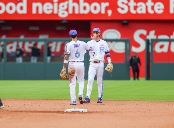 APR 11, 2026: Kansas City Royals shortstop Bobby Witt Jr. (7) and Kansas City Royals second baseman Jonathan India (6) celebrates a win against the Chicago White Sox at Kauffman Stadium in Kansas City, MO. CSM MLB, Baseball Herren, USA 2026: White Sox Vs Royals April 11th  - ZUMAc04_ 20260411_zma_c04_026 Copyright: xRomanxPunox