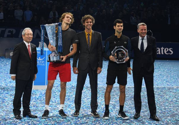 London ATP, Tennis Herren Nitto Masters 2018 London O2 Arena Nitto ATP Masters Finals 18 11 2018 ATP President Chris Kermode( rt) at Masters Trophy presentation Sascha Zverev, Novak Djokovic, Gustavo Kuerten. London England Copyright: xRogerxParkerx