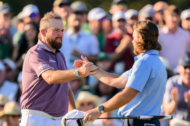 260411 Shane Lowry of Ireland and Tommy Fleetwood of England during the third round of the 2026 Masters Golf Tournament on April 11, 2026 in Augusta. Photo: Petter Arvidson BILDBYRAN kod PA PA1195 golf masters bbeng the masters augusta Copyright: PETTERxARVIDSON BB260411PA152