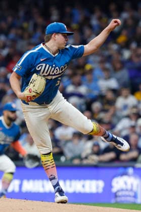 MILWAUKEE, WI - APRIL 11: Milwaukee Brewers pitcher Kyle Harrison (52) continues to pitch during a game between the Milwaukee Brewers and the Washington Nationals at American Family Field on April 11, 2026, in Milwaukee, WI. (Photo by Larry Radloff Icon Sportswire) MLB, Baseball Herren, USA APR 11 Nationals at Brewers EDITORIAL USE ONLY Icon2604110366
