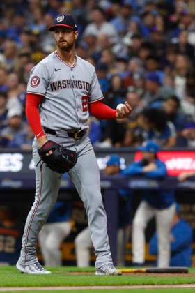 MILWAUKEE, WI - APRIL 11: Washington Nationals pitcher Foster Griffin (22) catches a ball during a game between the Milwaukee Brewers and the Washington Nationals at American Family Field on April 11, 2026, in Milwaukee, WI. (Photo by Larry Radloff Icon Sportswire) MLB, Baseball Herren, USA APR 11 Nationals at Brewers EDITORIAL USE ONLY Icon2604111523