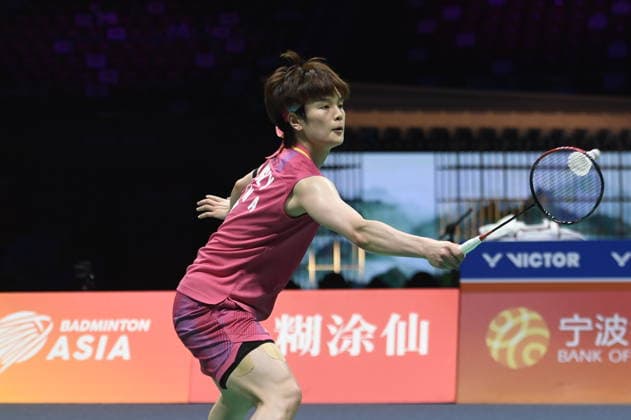 NINGBO, CHINA - APRIL 11: Wang Zhiyi of China competes in the Women s Singles Semifinal match against Akane Yamaguchi of Japan on day 5 of Badminton Asia Championships 2026 at Ningbo Olympic Sports Center on April 11, 2026 in Ningbo, Zhejiang Province of China.  Copyright: xVCGx 111634150381