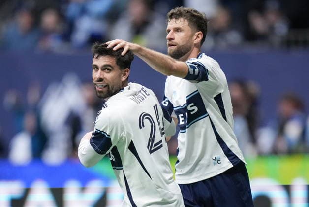 April 11, 2026, Vancouver, Bc, CANADA: Vancouver Whitecaps Brian White, front left, and Thomas Muller celebrate White s goal during the second half of an MLS, Fussball Herren, USA soccer match against New York City FC, in Vancouver, on Saturday, April 11, 2026. Canada News - April 11, 2026 - ZUMAc35_ 20260411_zaf_c35_143 Copyright: xDarrylxDyckx