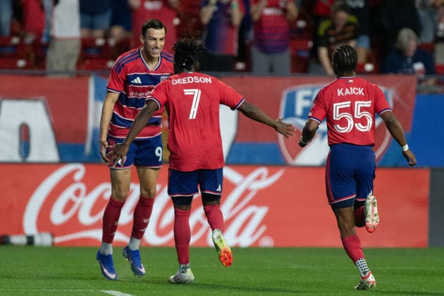 April 11, 2026, Frisco, Texas, USA: FC Dallas forward LOUICIUS DEEDSON (7) and FC Dallas forward PETAR MUSA (9) celebrate after a goal during a MLS, Fussball Herren, USA regular season soccer match between FC Dallas and St. Louis City FC at Toyota Stadium in Frisco, Texas. FC Dallas and St. Louis City FC tied 1-1. Soccer 2026: FC Dallas 1-1 St. Louis City FC  - ZUMAh193 20260411_zsp_h193_001 Copyright: xDanielxMcGregor-Huyerx