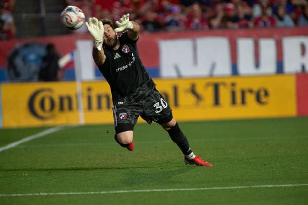April 11, 2026, Frisco, Texas, USA: FC Dallas goalkeeper MICHAEL COLLODI (30) blocks the ball during an MLS, Fussball Herren, USA regular season soccer match between FC Dallas and St. Louis City FC at Toyota Stadium in Frisco, Texas. FC Dallas and St. Louis City FC tied 1-1. Soccer 2026: FC Dallas 1-1 St. Louis City FC  - ZUMAh193 20260411_zsp_h193_012 Copyright: xDanielxMcGregor-Huyerx