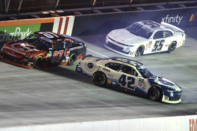 BRISTOL, TN - APRIL 11: Logan Bearden ( 42 Young s Motorsports T3 Vodka Chevrolet) spins in turn 4 as Josh Bilicki ( 07 SS-Green Light Racing 10 Spot Tools Chevrolet) drives past during the running of the NASCAR, Motorsport, USA O Reilly Auto Parts Series Suburban Propane 300 on April 11, 2026 at Bristol Motor Speedway in Bristol, TN. (Photo by Jeff Robinson Icon Sportswire) AUTO: APR 11 NASCAR O’Reilly Auto Parts Series Suburban Propane 300 EDITORIAL USE ONLY Icon2604112905300