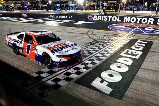 BRISTOL, TN - APRIL 11: Connor Zilisch ( 1 JR Motorsports Roto-Rooter Chevrolet) crosses the finish line after winning the NASCAR, Motorsport, USA O Reilly Auto Parts Series Suburban Propane 300 on April 11, 2026 at Bristol Motor Speedway in Bristol, TN. (Photo by Jeff Robinson Icon Sportswire) AUTO: APR 11 NASCAR O’Reilly Auto Parts Series Suburban Propane 300 EDITORIAL USE ONLY Icon2604113006300