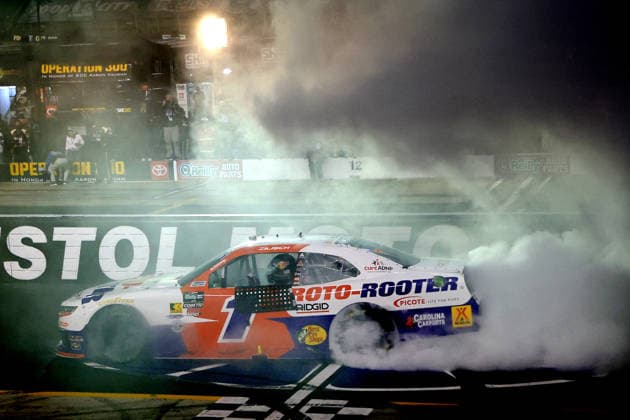 BRISTOL, TN - APRIL 11: Connor Zilisch ( 1 JR Motorsports Roto-Rooter Chevrolet) celebrates after winning the NASCAR, Motorsport, USA O Reilly Auto Parts Series Suburban Propane 300 on April 11, 2026 at Bristol Motor Speedway in Bristol, TN. (Photo by Jeff Robinson Icon Sportswire) AUTO: APR 11 NASCAR O™Reilly Auto Parts Series Suburban Propane 300 EDITORIAL USE ONLY Icon2604113081300