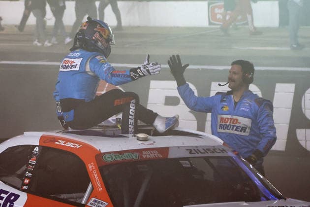 BRISTOL, TN - APRIL 11: Connor Zilisch ( 1 JR Motorsports Roto-Rooter Chevrolet) celebrates after winning the NASCAR, Motorsport, USA O Reilly Auto Parts Series Suburban Propane 300 on April 11, 2026 at Bristol Motor Speedway in Bristol, TN. (Photo by Jeff Robinson Icon Sportswire) AUTO: APR 11 NASCAR O™Reilly Auto Parts Series Suburban Propane 300 EDITORIAL USE ONLY Icon2604113235300