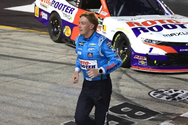 BRISTOL, TN - APRIL 11: Connor Zilisch ( 1 JR Motorsports Roto-Rooter Chevrolet) crosses the track to retrieve the checkered flag after winning the NASCAR, Motorsport, USA O Reilly Auto Parts Series Suburban Propane 300 on April 11, 2026 at Bristol Motor Speedway in Bristol, TN. (Photo by Jeff Robinson Icon Sportswire) AUTO: APR 11 NASCAR O’Reilly Auto Parts Series Suburban Propane 300 EDITORIAL USE ONLY Icon2604113318300
