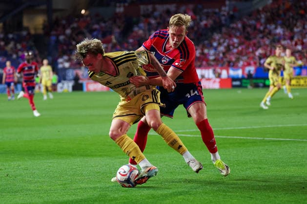 April 11, 2026, Frisco, Texas, USA: FRISCO, TX : St. Louis Frisco SC midfielder Conrad Wallem (6) and FC Dallas defender Herman Johansson (14) battle for possession of the ball during their match on Saturday at Toyota Stadium in Frisco. 2026 MLS, Fussball Herren, USA Soccer : FC Dallas 1:1 St. Louis CITY SC  - ZUMAm257 20260411_zsp_m257_005 Copyright: xBrianxMcLeanx