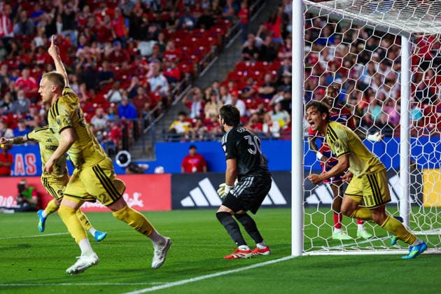 April 11, 2026, Frisco, Texas, USA: FRISCO, TX : St. Louis Frisco SC defender Timo Baumgartl (32) celebrates his goal against FC Dallas goalie MICHAEL COLLODI (3) as teammate St. Louis Frisco SC forward Simon Becher (11) runs out to join him during their match on Saturday at Toyota Stadium in Frisco. 2026 MLS, Fussball Herren, USA Soccer : FC Dallas 1:1 St. Louis CITY SC  - ZUMAm257 20260411_zsp_m257_015 Copyright: xBrianxMcLeanx