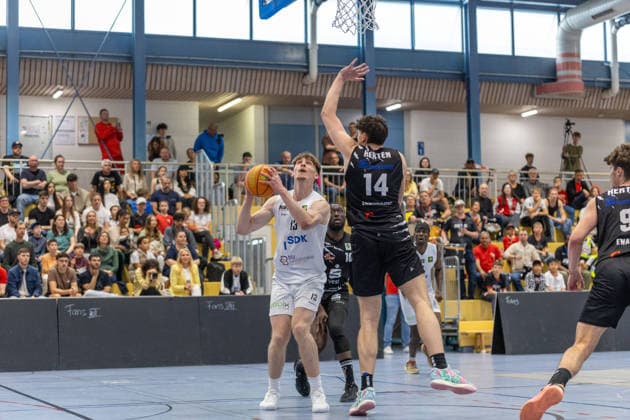 Jonathan Gerlinger (SV Fellbach Flashers, 13) im Duell mit Tarik Jakupovic (Hertener Loewen Basketball, 14). SV Fellbach Flashers vs. Hertener Loewen Basketball, Basketball,Barmer Basketball 2. Bundesliga ProB, Play-Offs, Saison 2025 2026, 11.04.2026, SV Fellbach Flashers vs. Hertener Loewen Basketball, Basketball,Barmer Basketball 2. Bundesliga ProB, Play-Offs, Saison 2025 2026, 11.04.2026 Fellbach *** Jonathan Gerlinger SV Fellbach Flashers, 13 in duel with Tarik Jakupovic Hertener Loewen Basketball, 14 SV Fellbach Flashers vs Hertener Loewen Basketball, Basketball,Barmer Basketball 2 Bundesliga ProB, Play Offs, Season 2025 2026, 11 04 2026, SV Fellbach Flashers vs Hertener Loewen Basketball, Basketball,Barmer Basketball 2 Bundesliga ProB, Play Offs, Season 2025 2026, 11 04 2026 Fellbach Copyright: xEibner-Pressefoto DavidexDixGiovx EP_DGI