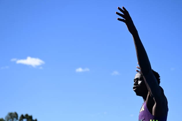 ATHLETICS CHAMPIONSHIPS SYDNEY, Gout Gout celebrates after winning the men™s 200m final on Day 4 of the 2026 Australian Athletics Championships at Sydney Olympic Park Athletic Centre in Sydney, Sunday, April 12, 2026. ( NO ARCHIVING, EDITORIAL USE ONLY SYDNEY NEW SOUTH WALES AUSTRALIA  Copyright: xDEANxLEWINSx 20260412163546147471