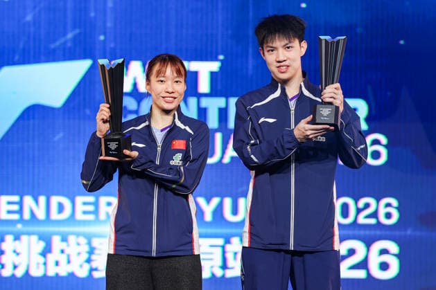 TAIYUAN, CHINA - APRIL 11: Champions Shi Xunyao and Huang Youzheng of China pose with trophies after winning the Mixed Doubles Final match against Wong Chun-ting and Doo Hoi Kem of Chinese Hong Kong on day 5 of WTT Contender Taiyuan 2026 at Taiyuan Binhe Sports Center on April 11, 2026 in Taiyuan, Shanxi Province of China.  Copyright: xVCGx 111634149881