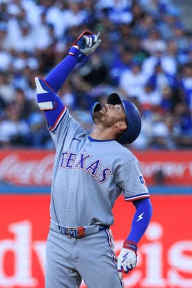 April 11, 2026, Los Angeles, California, USA: Brandon Nimmo 24 of the Texas Rangers celebrates after scoring a single run home run in the first inning during a regular season MLB, Baseball Herren, USA game against the Los Angeles Dodgers on Saturday April 11, 2026 at Dodger Stadium in Los Angeles, California. Dodgers defeat Rangers, 6-3. JAVIER ROJAS PI Los Angeles USA - ZUMAp124 20260411_zaa_p124_015 Copyright: xJavierxRojasx
