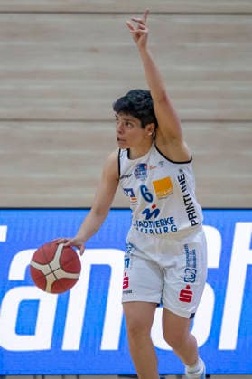 Toyota DBBL 2025 2026 - Syntainics MBC vs.BC Marburg Blue Dolphins Playoff Halbfinale, Game 1 Halle Saale, Deutschland 11.April 2026: Im Bild:Ana Raimundo (Marburg) Gestik, Geste, gestikuliert, Halle Saale swh.Arena Sachsen-Anhalt Deutschland