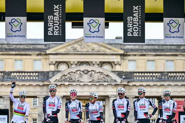 UAE Team Emirates-XRG riders pictured before the start of the men s Paris-Roubaix cycling race, Sunday 12 April 2026, around Roubaix, France. The 123rd edition of Paris-Roubaix cycling races will take on Sunday, with the women riding 143,1 km the men riding 258,3 km on Sunday. DIRKxWAEM  x170543967x