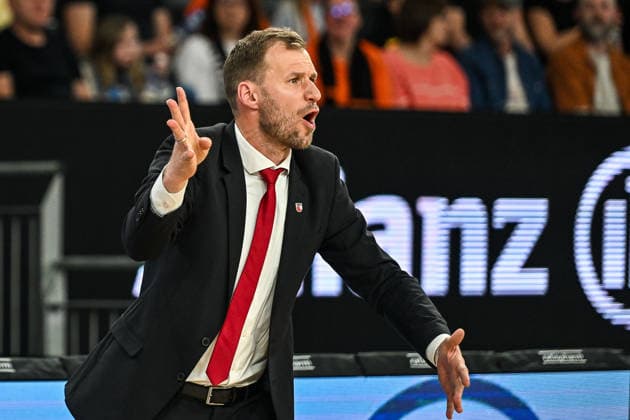 GER, BBL, ratiopharm Ulm vs BMA 365 Bamberg Baskets 11.04.2026, ratiopharm arena, Neu-Ulm, GER, BBL, ratiopharm Ulm vs BMA 365 Bamberg Baskets, im Bild Anton Gavel (Bamberg), viel Emotion