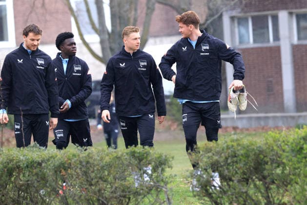DEU, DFL, 2. FBL Hertha BSC, Training, 12.04.2026, Sportforum, Berlin, DEU, DFL, 2. FBL Hertha BSC, Training, im Bild Pascal Klemens (Hertha BSC Berlin 41), Boris Lum (Hertha BSC Berlin 21), Julian Eitschberger (Hertha BSC Berlin 2), Sebastian Groenning (Hertha BSC Berlin 17) DFL - regulations prohibit any use of Photographs as image sequences and or quasi-video