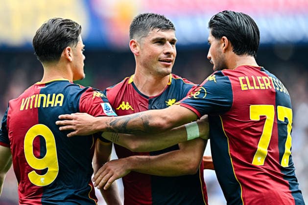 April 12, 2026, Genoa, Italy: Genoa™s Ukrainian forward Ruslan Malinovskyi (center) celebrates with his teammates Portuguese forward Vitor Vitinha and Icelander midfielder Mikael Ellertsson after scoring a goal during the Italian Serie A soccer match Genoa Cfc vs Us Sassuolo Calcio at Luigi Ferraris stadium in Genoa, Italy, 12 April 2026. ANSA STRINGER. Serie A: Genoa-Sassuolo  - ZUMAa110 20260412_zaf_a110_007 Copyright: xStringerx