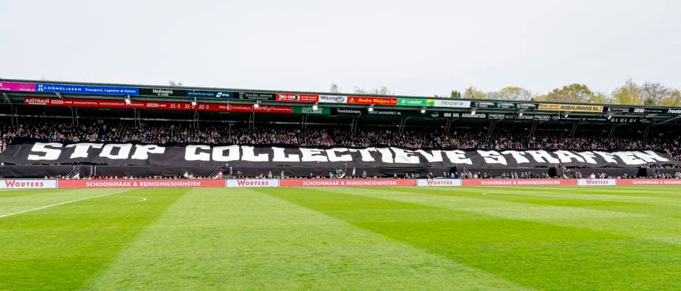 NIJMEGEN - Banner with Stop collective punishments during the Dutch Vriendenloterij Eredivisie match between NEC and Feyenoord at De Goffert stadium on April 12, 2026 in Nijmegen, the Netherlands. (Photo by DeFodi Images) -