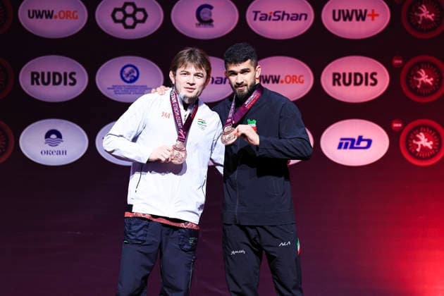 Senior Wrestling Asian Championships Podium 74kg FS - Bronze: Mustafo Akhmedov (TJK), Amirmohammad Babak Yazdanicherati (IRI)