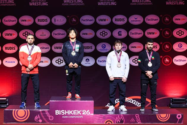 Senior Wrestling Asian Championships Podium 74kg FS - Gold: Yoshinosuke Aoyagi (JPN), Silver: Magomedrasul Asluev (BRN), Bronze: Mustafo Akhmedov (TJK), Amirmohammad Babak Yazdanicherati (IRI)