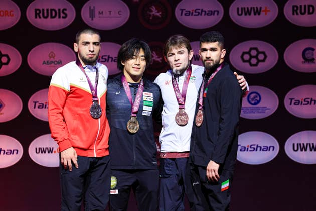 Senior Wrestling Asian Championships Podium 74kg FS - Gold: Yoshinosuke Aoyagi (JPN), Silver: Magomedrasul Asluev (BRN), Bronze: Mustafo Akhmedov (TJK), Amirmohammad Babak Yazdanicherati (IRI)