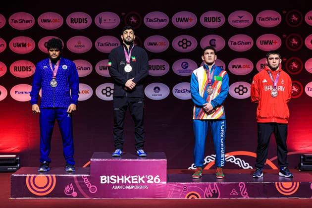 Senior Wrestling Asian Championships Podium 86kg FS - Gold: Kamran Ghorban Ghasempour (IRI), Silver: Mukul Dahiya (IND), Bronze: Alp Arslan Begenjov (TKM), Khidir Kurban A Saipudinov (BRN)
