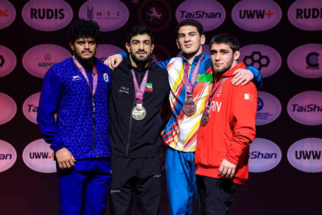 Senior Wrestling Asian Championships Podium 86kg FS - Gold: Kamran Ghorban Ghasempour (IRI), Silver: Mukul Dahiya (IND), Bronze: Alp Arslan Begenjov (TKM), Khidir Kurban A Saipudinov (BRN)