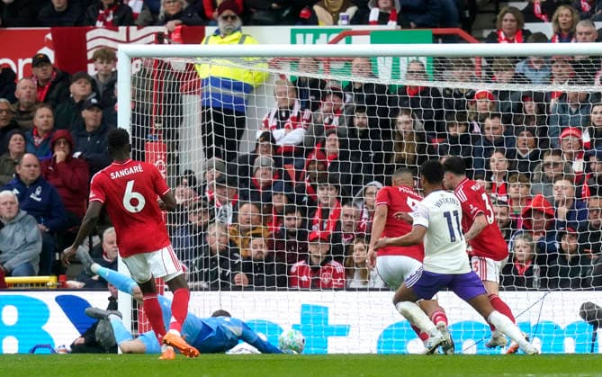 Nottingham, England, 12th April 2026. Murillo of Nottingham Forest puts the ball into his own net for the first goal to Villa during the Nottingham Forest vs Aston Villa Premier League match at the City Ground, Nottingham. Picture credit should read: Andrew Yates Sportimage EDITORIAL USE ONLY. No use with unauthorised audio, video, data, fixture lists, club league logos or live services. Online in-match use limited to 120 images, no video emulation. No use in betting, games or single club league player publications. SPI_024_AY_Forest_Villa SPI-4682-0024