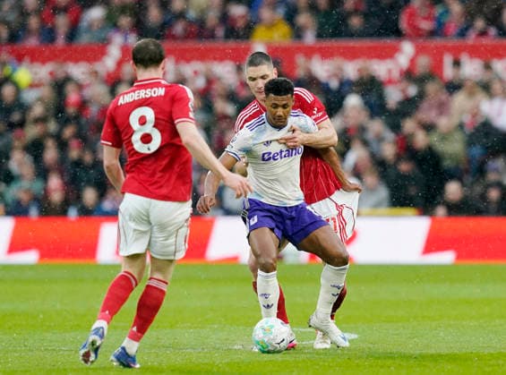 Nottingham, England, 12th April 2026. Ollie Watkins of Aston Villa tackled by Nikola Milenkovic of Nottingham Forest during the Nottingham Forest vs Aston Villa Premier League match at the City Ground, Nottingham. Picture credit should read: Andrew Yates Sportimage EDITORIAL USE ONLY. No use with unauthorised audio, video, data, fixture lists, club league logos or live services. Online in-match use limited to 120 images, no video emulation. No use in betting, games or single club league player publications. SPI_027_AY_Forest_Villa SPI-4682-0027