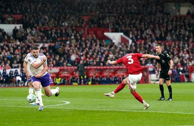 Nottingham, England, 12th April 2026. Neco Williams of Nottingham Forest scores the equalising goal (1-1) during the Nottingham Forest vs Aston Villa Premier League match at the City Ground, Nottingham. Picture credit should read: Andrew Yates Sportimage EDITORIAL USE ONLY. No use with unauthorised audio, video, data, fixture lists, club league logos or live services. Online in-match use limited to 120 images, no video emulation. No use in betting, games or single club league player publications. SPI_028_AY_Forest_Villa SPI-4682-0028