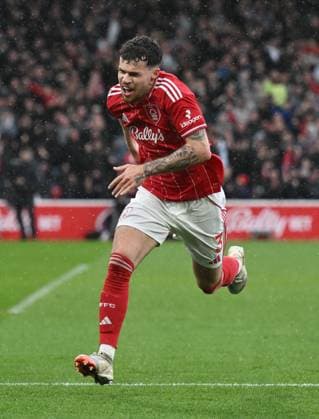 Neco Williams of Nottingham Forest celebrates after scoring the team s first goal Nottingham Forest v Aston Villa, Premier League, Football, City Ground, Nottingham, UK - 12 Apr 2026Nottingham City Ground United Kingdom EDITORIAL USE ONLY No use with unauthorised audio, video, data, fixture lists, club league logos or live services. Online in-match use limited to 120 images, no video emulation. No use in betting, games or single club league player publications. Copyright: xAnnaxGowthorpe Shutterstockx 16823615x