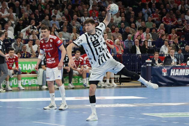 2026.04.12 xfsx Daikin HBL Handballl 1. Bundesliga Hamburger Sportverein Handball - THW Kiel v.l. Lukas Zerbe (THW Kiel ,24) 7 Meter Wurf Copyright: HMBxMedia FernandoxSoares
