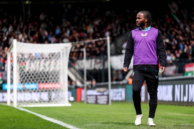 NIJMEGEN , 12-04-2026 , stadium De Goffert , season 2025 2026 , Dutch Eredivisie football , match between NEC and Feyenoord, picture shows Feyenoord player Raheem Sterling warms up NEC - Feyenoord  x202999049x Copyright: