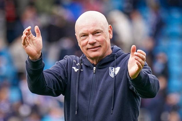 Deutschland: Fussball 2. Bundesliga 2025 - 2026, 29. Spieltag - VfL Bochum vs Eintracht Braunschweig - Vonovia Ruhrstadion: Uwe Rösler Uwe Roesler Uwe Rosler (Trainer, VfL Bochum) Freude, Emotionen, Jubel, Geste, Gestik, Emotion