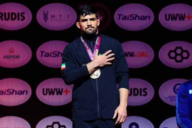 Senior Wrestling Asian Championships Podium 92kg FS - Gold: Mohammadmobin Gholamali Azimi (IRI)