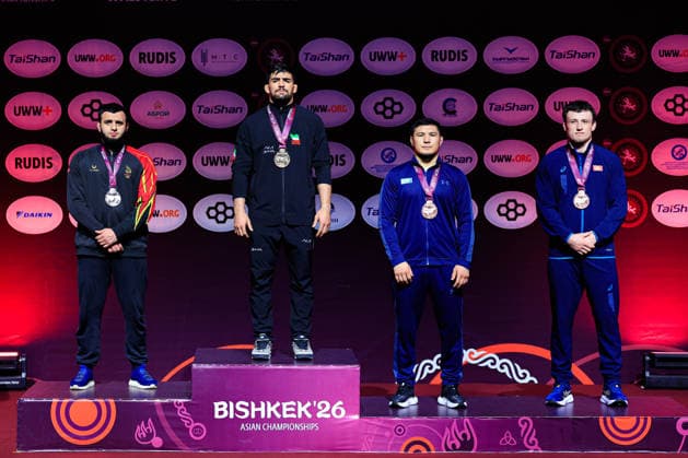 Senior Wrestling Asian Championships Podium 92kg FS - Gold: Mohammadmobin Gholamali Azimi (IRI), Silver: Magomed Sharipov (BRN), Bronze: Azamat Dauletbekov (KAZ), Iakov Chaplin (KGZ)