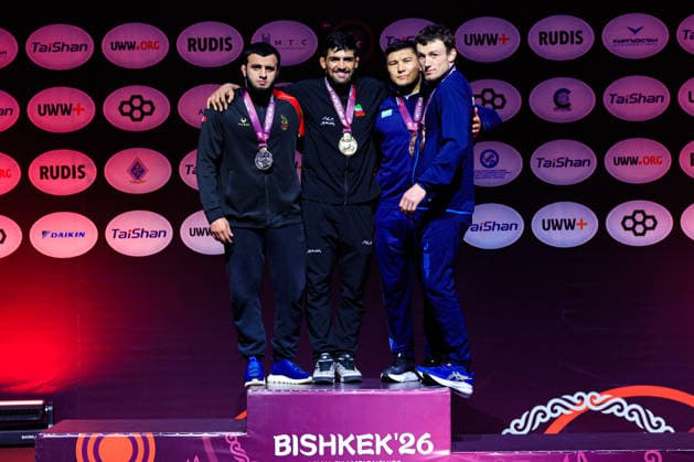 Senior Wrestling Asian Championships Podium 92kg FS - Gold: Mohammadmobin Gholamali Azimi (IRI), Silver: Magomed Sharipov (BRN), Bronze: Azamat Dauletbekov (KAZ), Iakov Chaplin (KGZ)