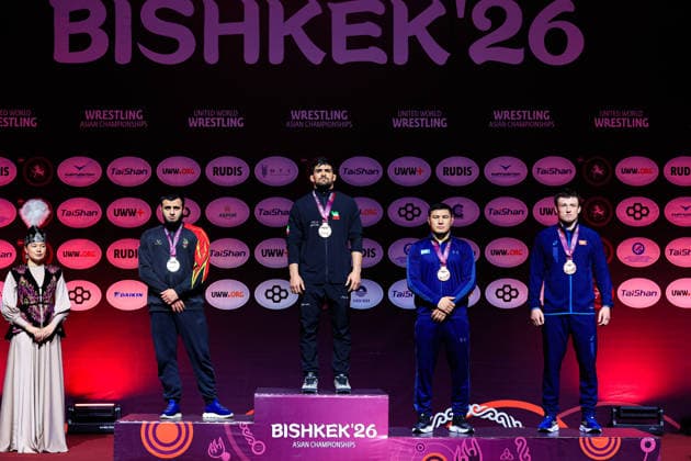 Senior Wrestling Asian Championships Podium 92kg FS - Gold: Mohammadmobin Gholamali Azimi (IRI), Silver: Magomed Sharipov (BRN), Bronze: Azamat Dauletbekov (KAZ), Iakov Chaplin (KGZ)