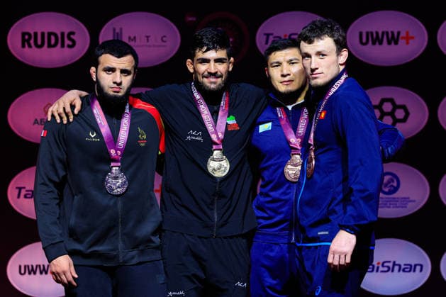 Senior Wrestling Asian Championships Podium 92kg FS - Gold: Mohammadmobin Gholamali Azimi (IRI), Silver: Magomed Sharipov (BRN), Bronze: Azamat Dauletbekov (KAZ), Iakov Chaplin (KGZ)