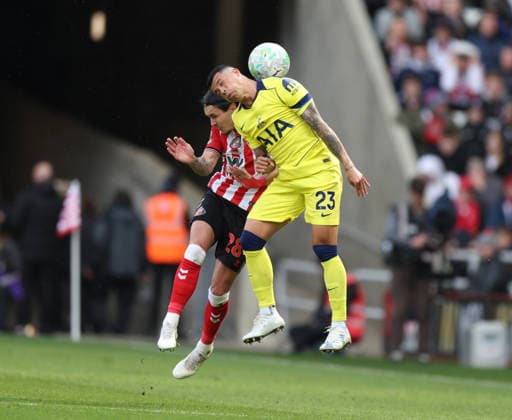 Sunderland, England, 12th April 2026. Pedro Porro (R) Tottenham Hotspur in action with Enzo Le Fee of Sunderland during the Sunderland vs Tottenham Hotspur Premier League match at the Stadium Of Light, Sunderland. Picture credit should read: Nigel Roddis Sportimage EDITORIAL USE ONLY. No use with unauthorised audio, video, data, fixture lists, club league logos or live services. Online in-match use limited to 120 images, no video emulation. No use in betting, games or single club league player publications. SPI_027_NR_SUND_TOTT SPI-4681-0028
