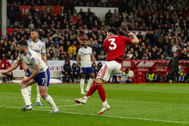 12th April 2026; The City Ground, Nottingham, England; Premier League Football, Nottingham Forest versus Aston Villa; Neco Williams of Nottingham Forest scores in the 38th minute to make the score 1-1 GodfreyxPitt